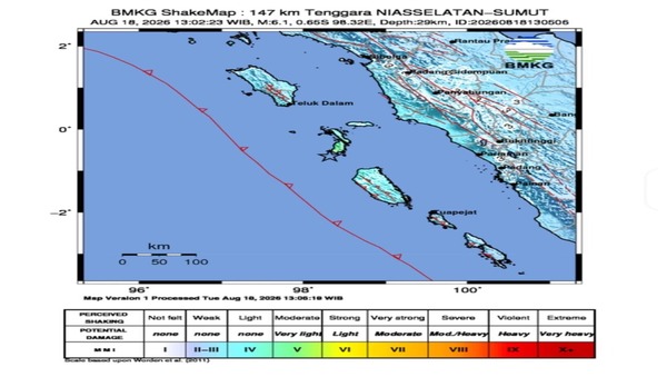 Gempa M 6.1 Guncang Perairan Nias Selatan, Tidak Berpotensi Tsunami